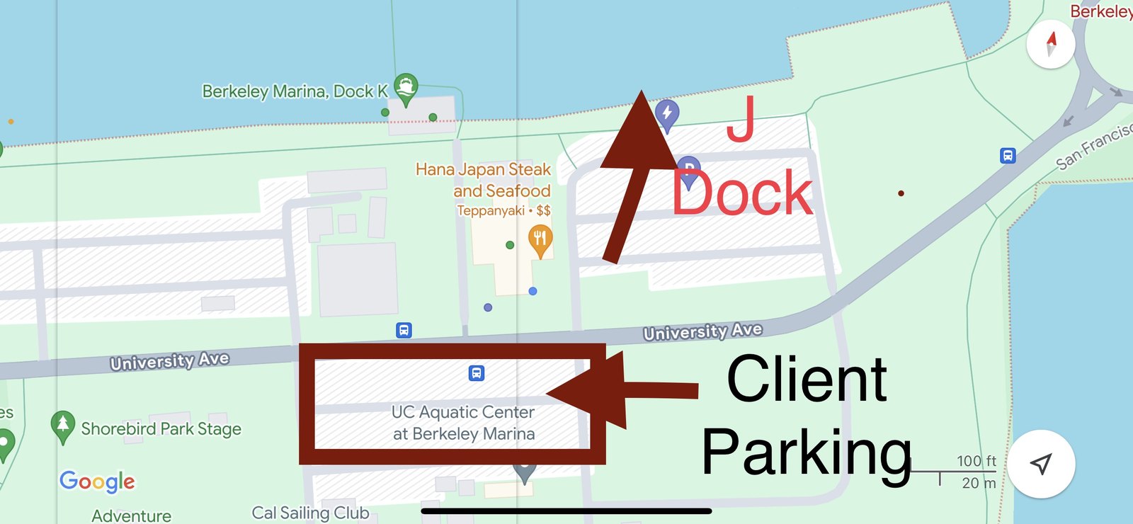Parking map for Berkeley Marina showing guest parking at the UC Aquatic Center and the walk to J Dock
